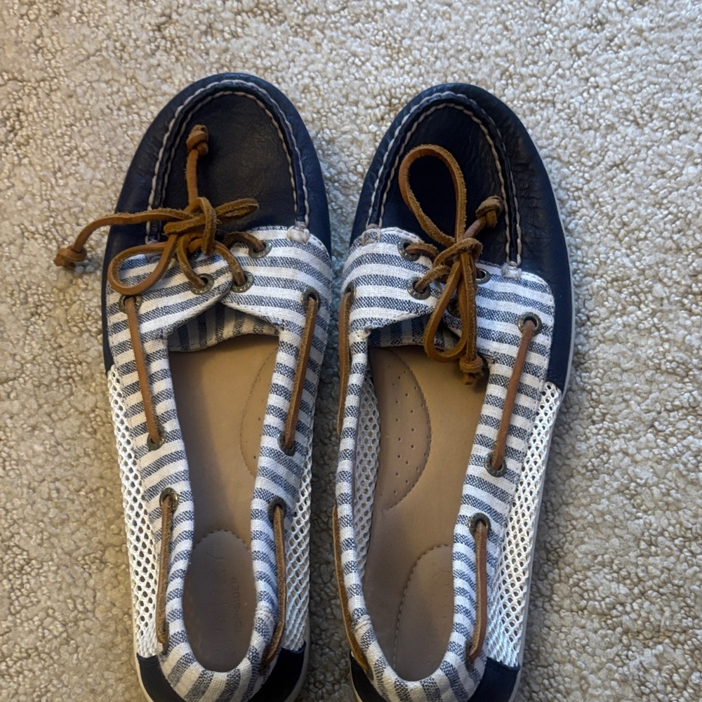 Sperry Blue and White Striped Moccasins